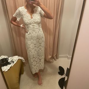 Ivory Floral Guipure V-Neck Midi Dress